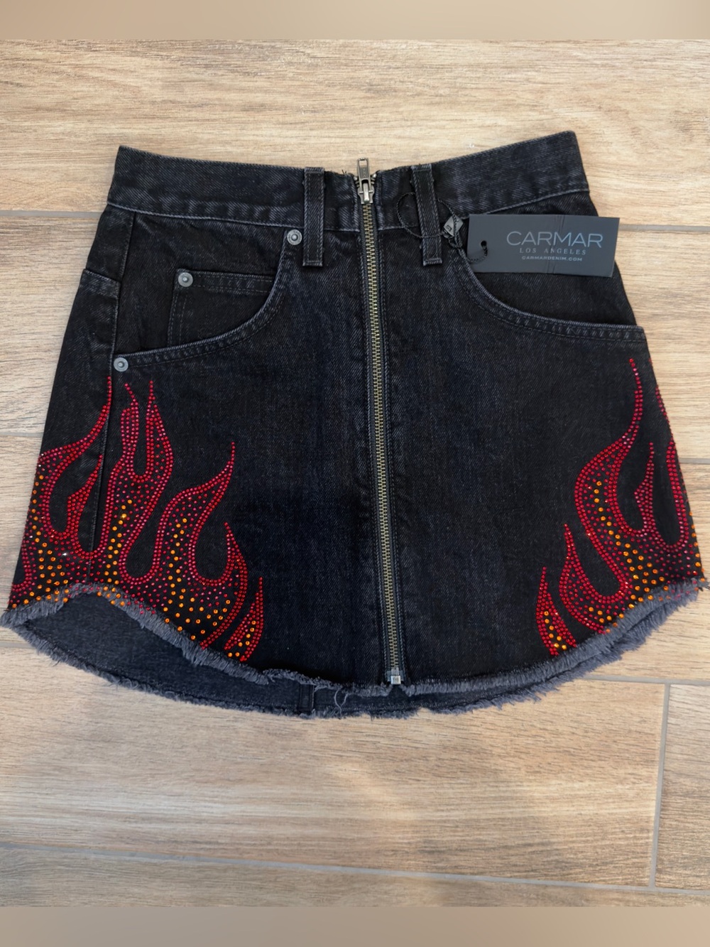 NWT Carmar Beatrice Mini Skirt with Rhinestone Flames